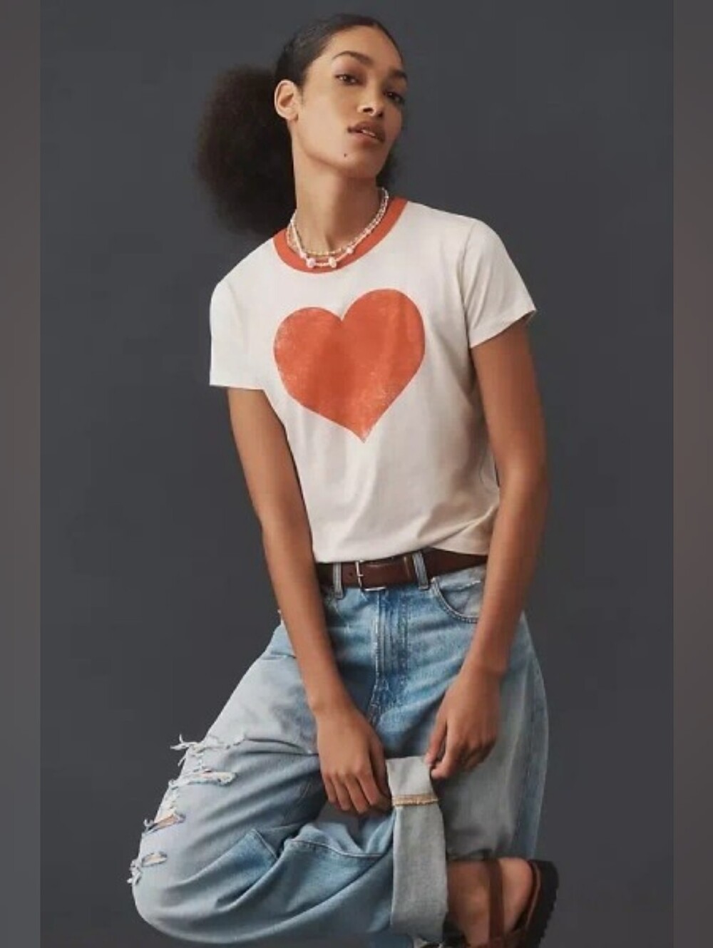 🪷NWT Anthropologie x Letluv Heart Ringer Tee in Ivory Red Combo, 3X